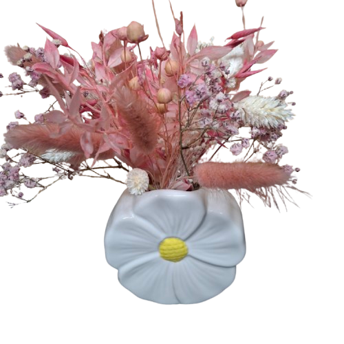 Vase fleur blanc et son bouquet de fleurs séchées 