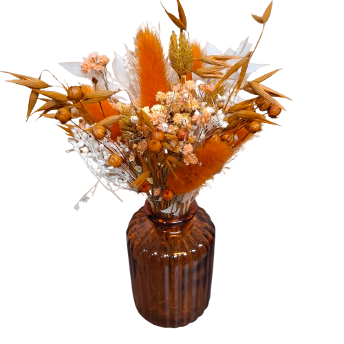 Fiole en verre et son bouquet de fleurs séchées